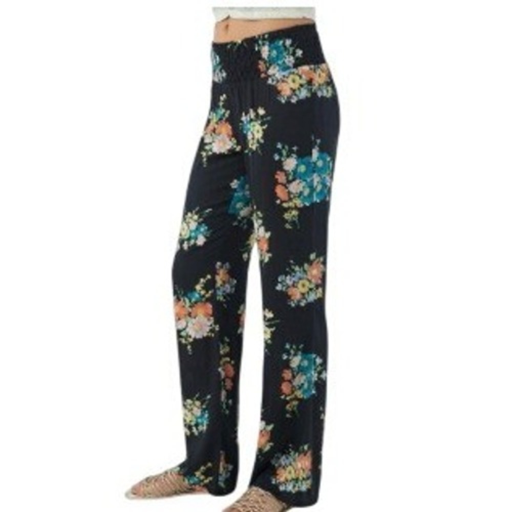 O'Neill Floral Black Ruched Waist‎ Wide Leg Beach Pants Size Large